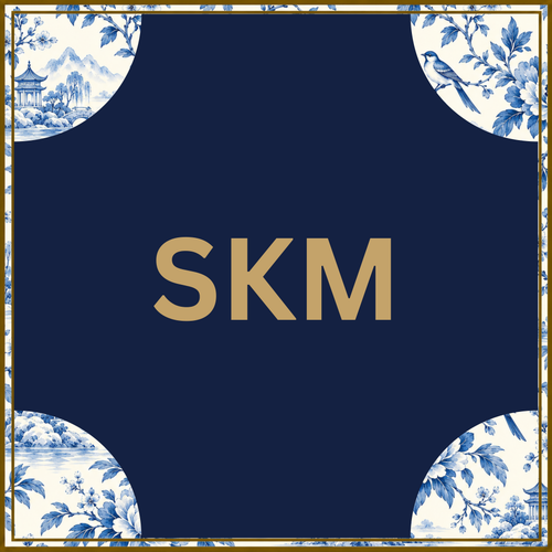 Custom mahjong mat, Pavilion Corners (Navy with Toile Corners) chinoiserie pattern