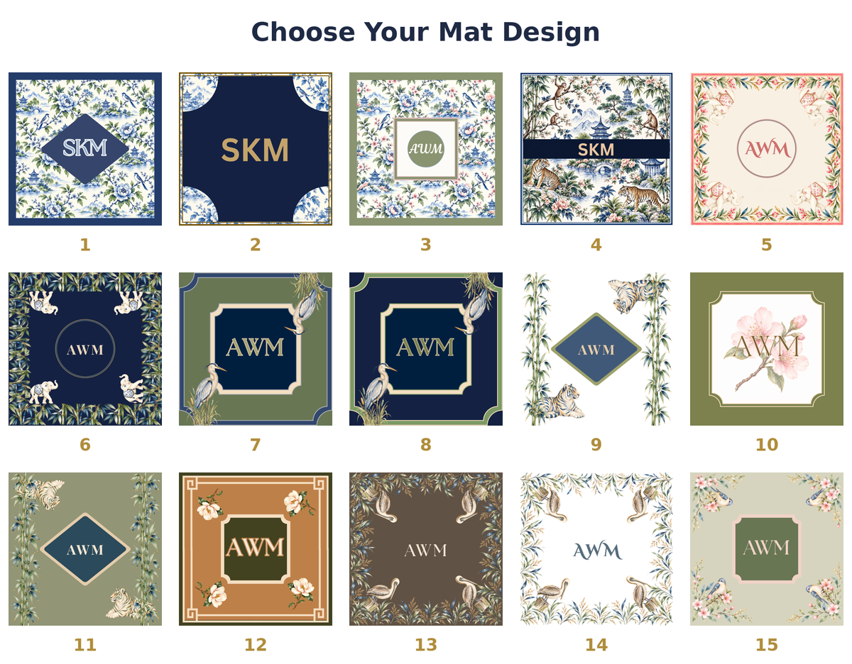 Numbered chart of 15 custom mahjong mat designs