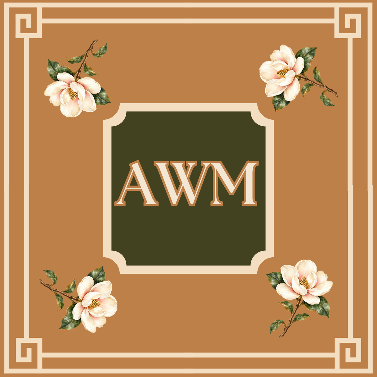 Custom mahjong mat, Magnolia & Greek Key on Caramel design