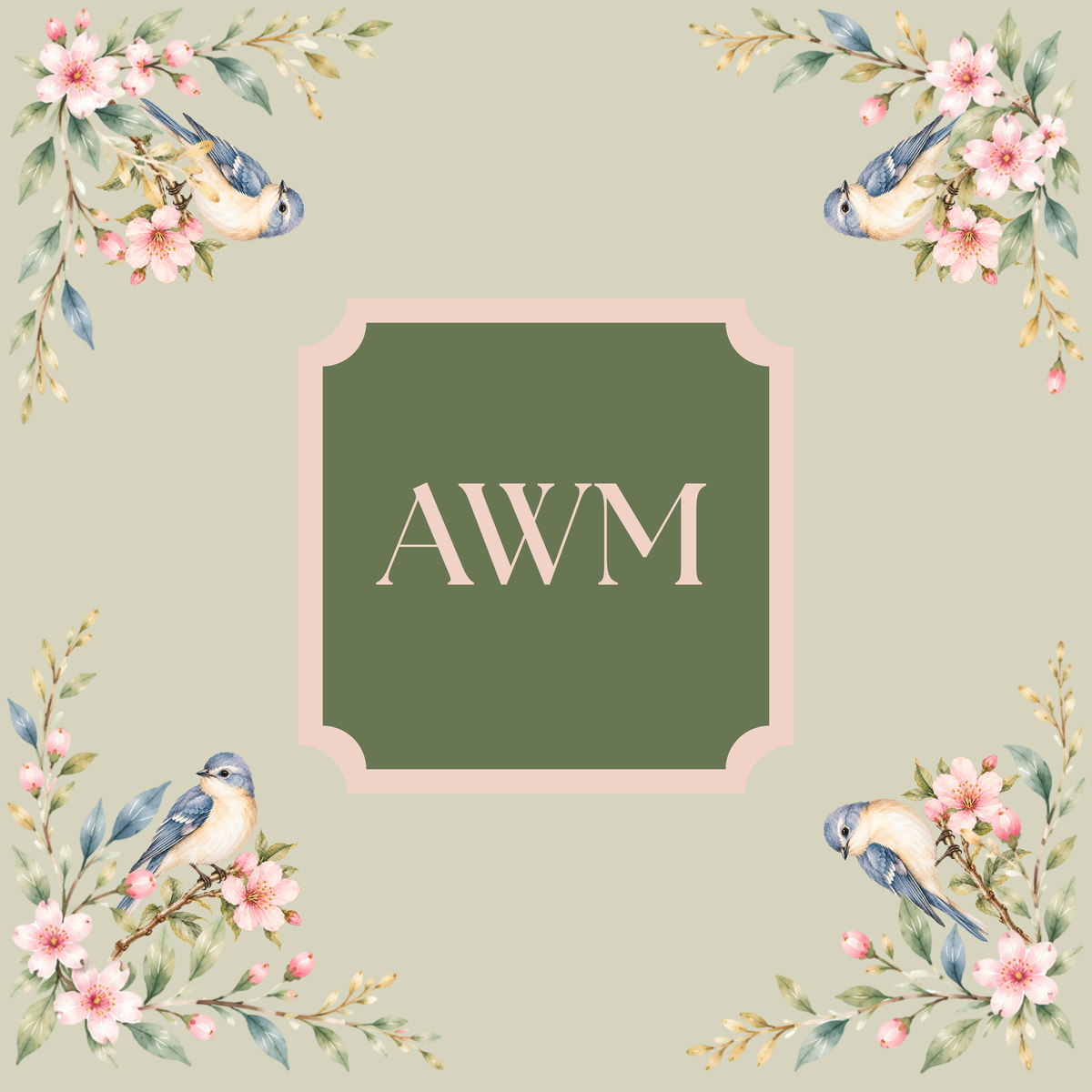 Custom mahjong mat, Songbirds & Blossoms on Sage design
