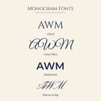 Monogram font choices: Cinzel, Great Vibes, Montserrat, Pinyon Script