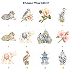Custom Mahjong Card Wallet motif chart: 12 numbered motifs including tigers, bluebird, heron, elephants and ginger jars
