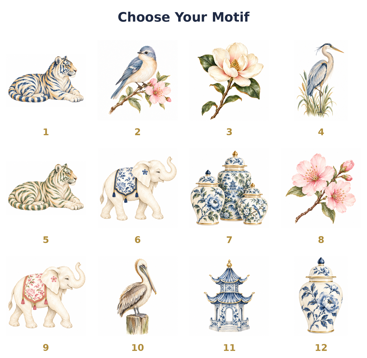 Custom Mahjong Card Wallet motif chart: 12 numbered motifs including tigers, bluebird, heron, elephants and ginger jars