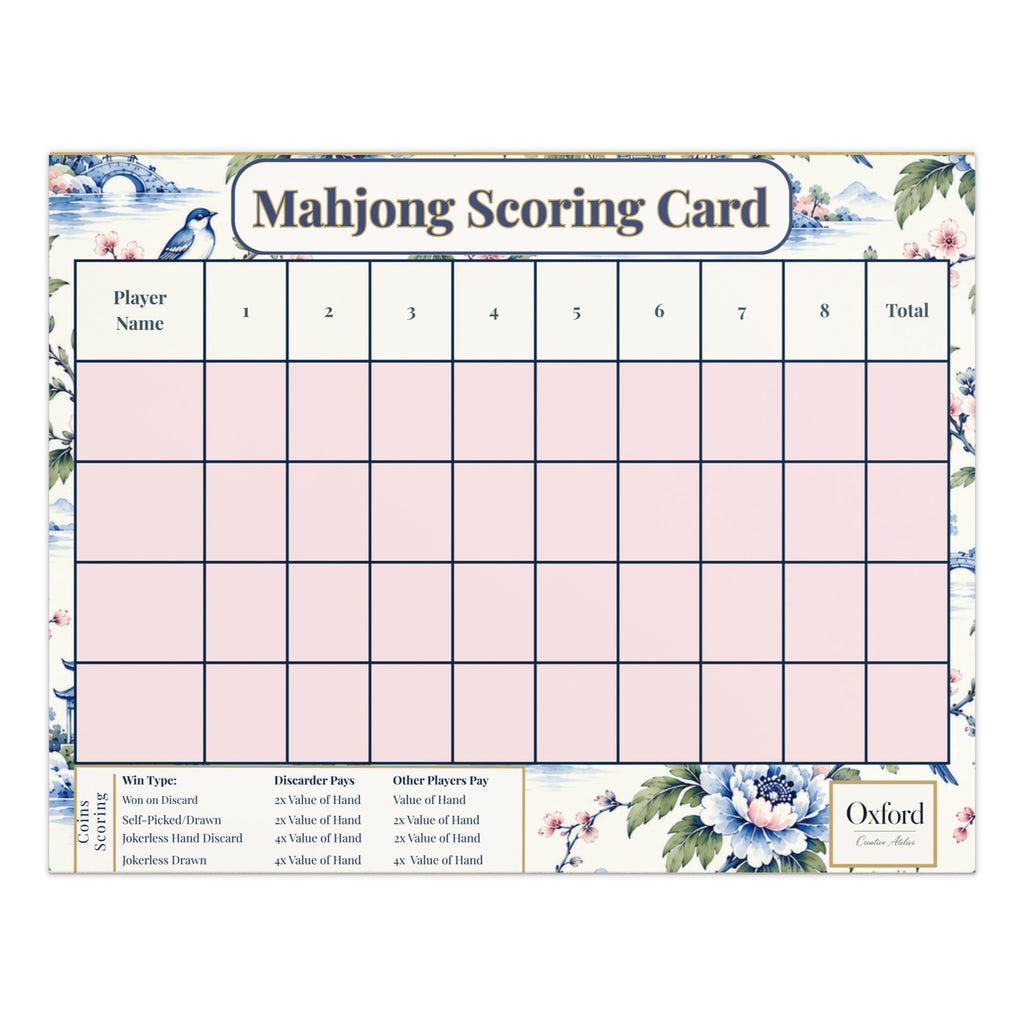 Mahjong scorecard notepad for coins, Pink Chinoiserie design