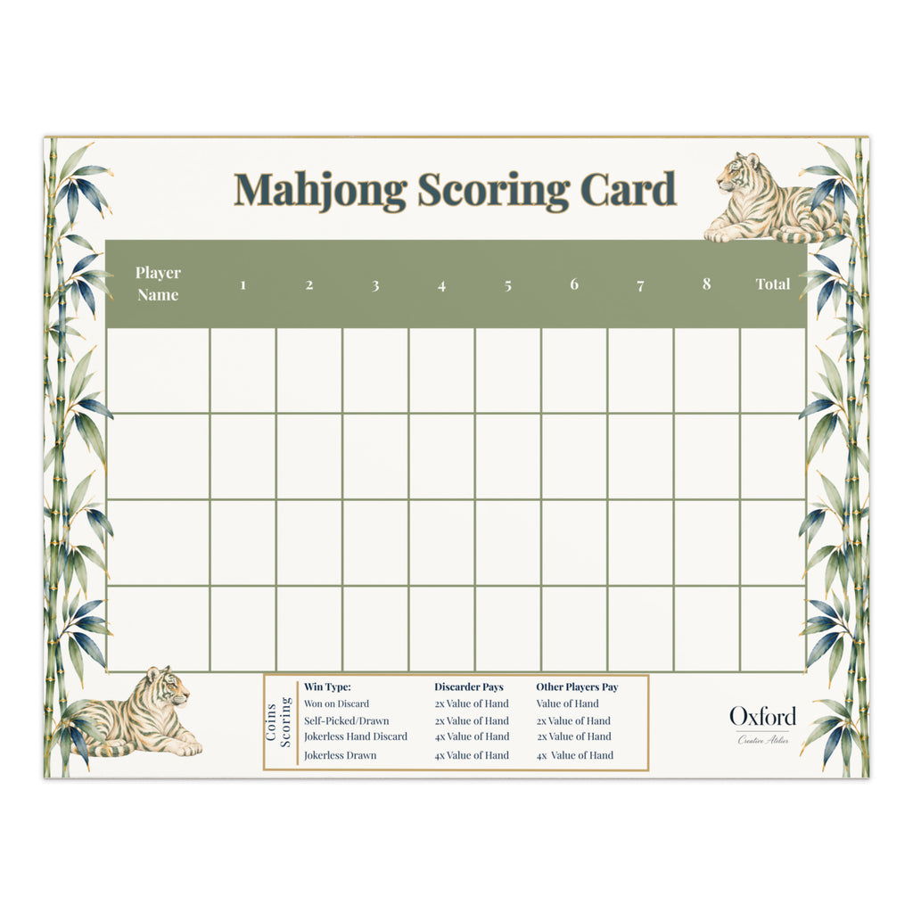 Mahjong scorecard notepad for coins, Tigers & Bamboo design