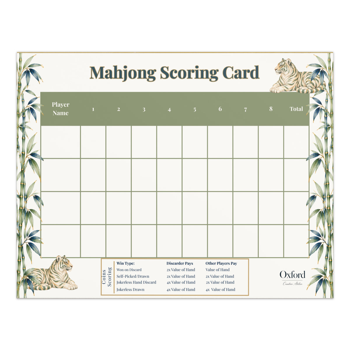 Mahjong scorecard notepad for coins, Tigers & Bamboo design