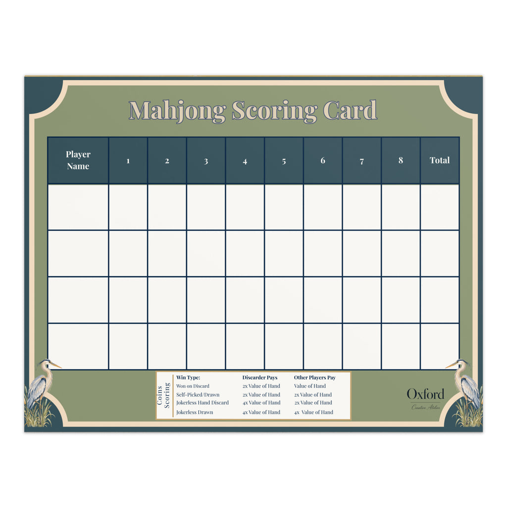 Mahjong scorecard notepad for coins, Blue Herons design