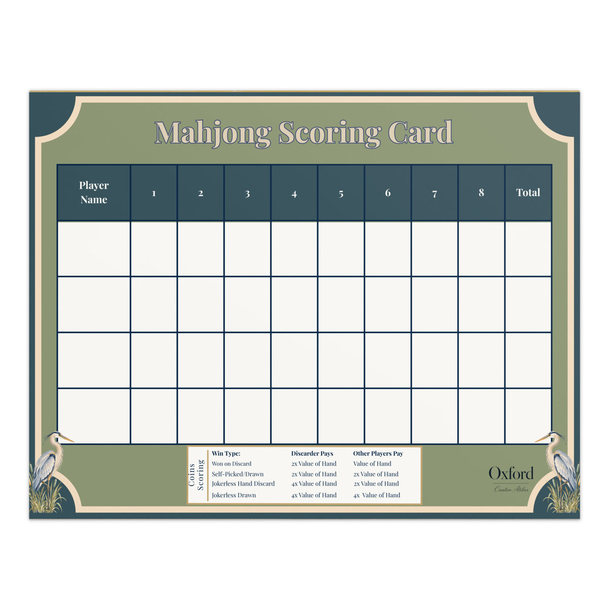 Mahjong scorecard notepad for coins, Blue Herons design