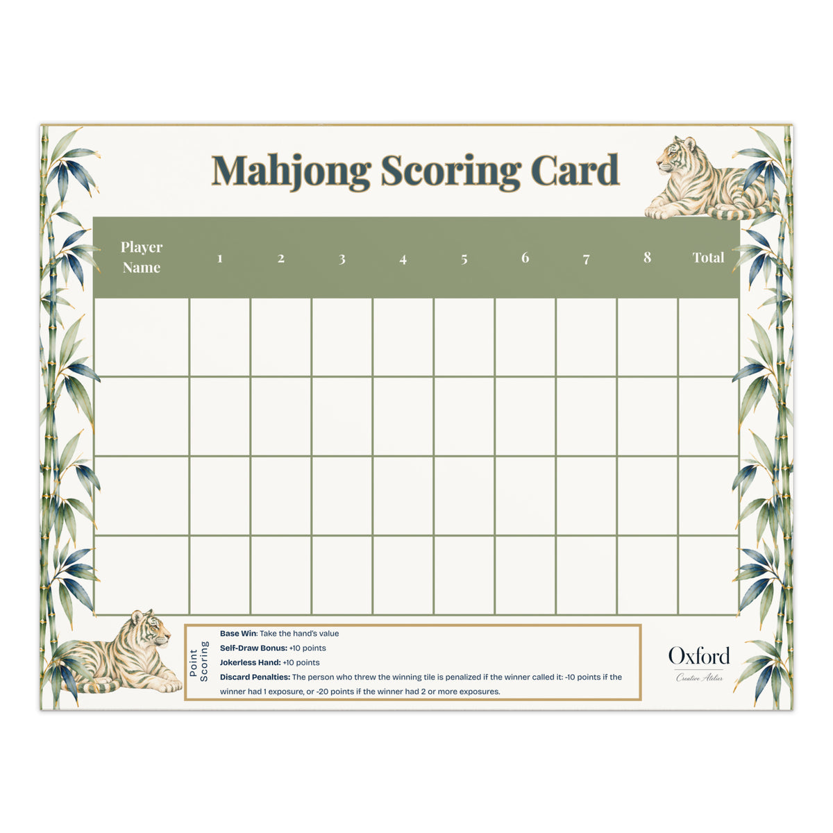Mahjong scorecard notepad for points, Tigers & Bamboo design