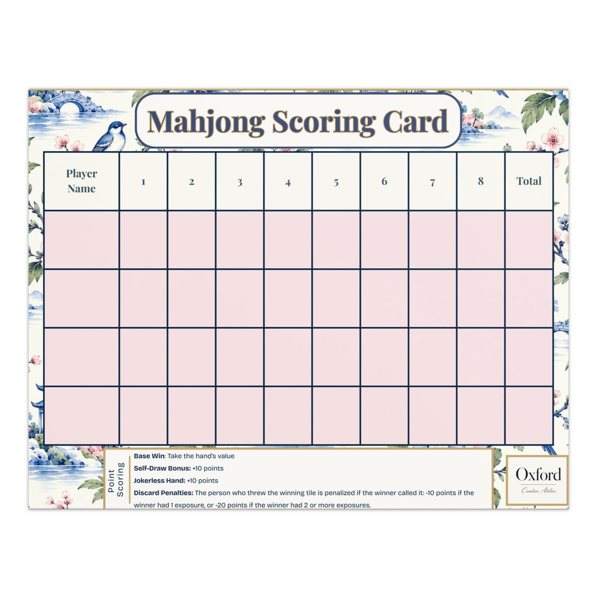 Mahjong scorecard notepad for points, Pink Chinoiserie design