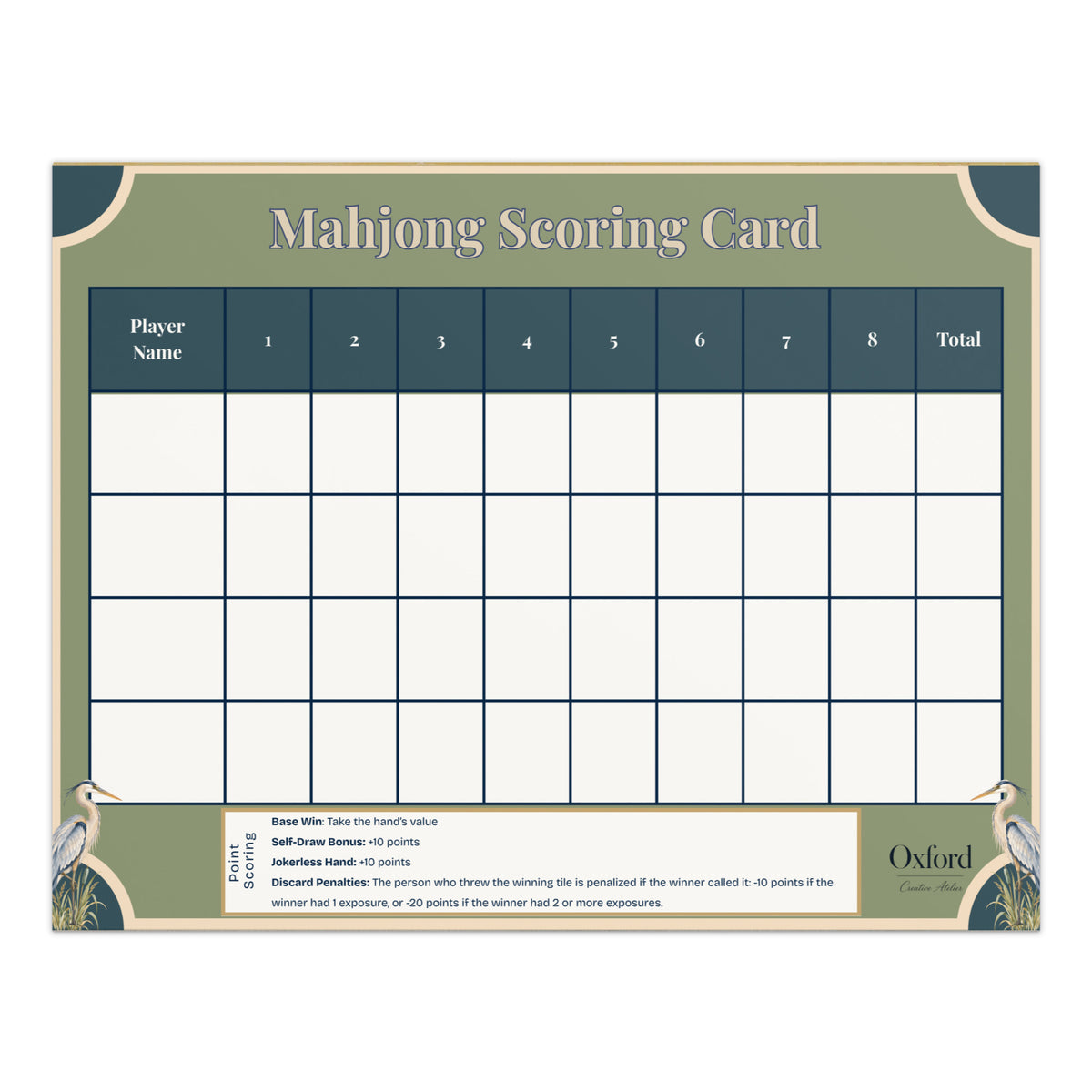 Mahjong scorecard notepad for points, Blue Herons design