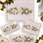 Magnolia Monogram Serving Trays in Blush, all four sizes styled on a table