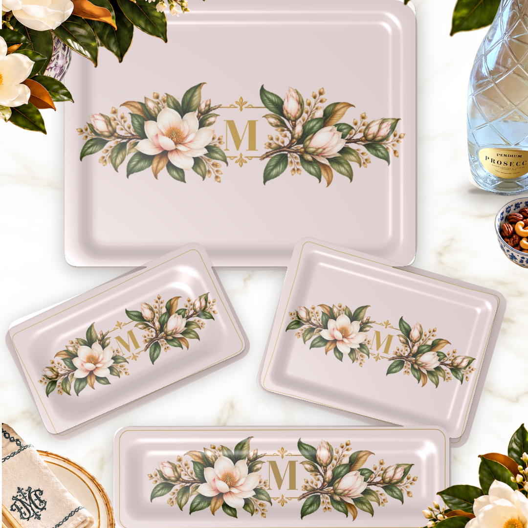 Magnolia Monogram Serving Trays in Blush, all four sizes styled on a table