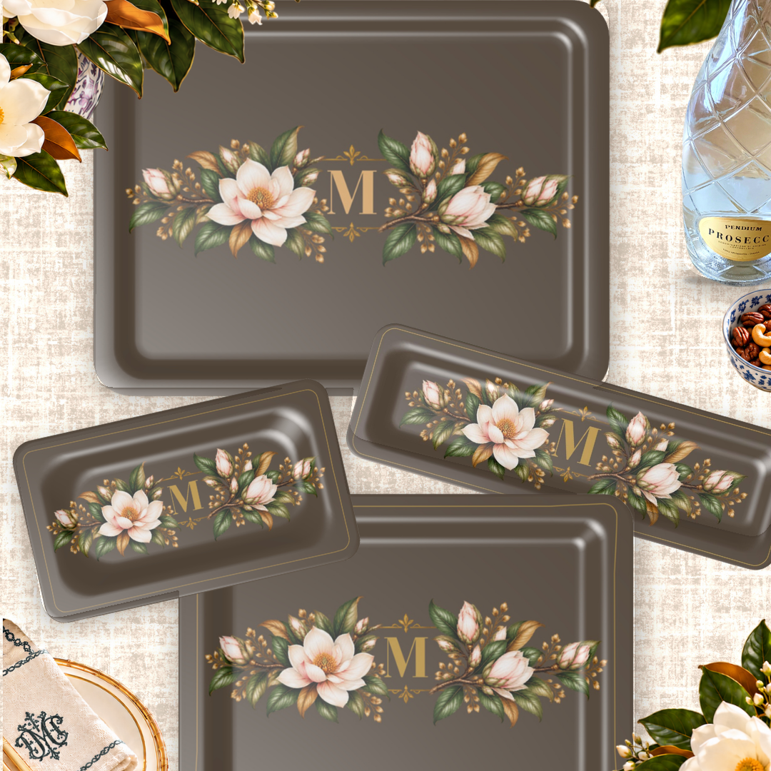 Magnolia Monogram Serving Trays in Brown, all four sizes styled on a table