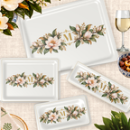 Magnolia Monogram Serving Trays in Ivory, all four sizes styled on a table