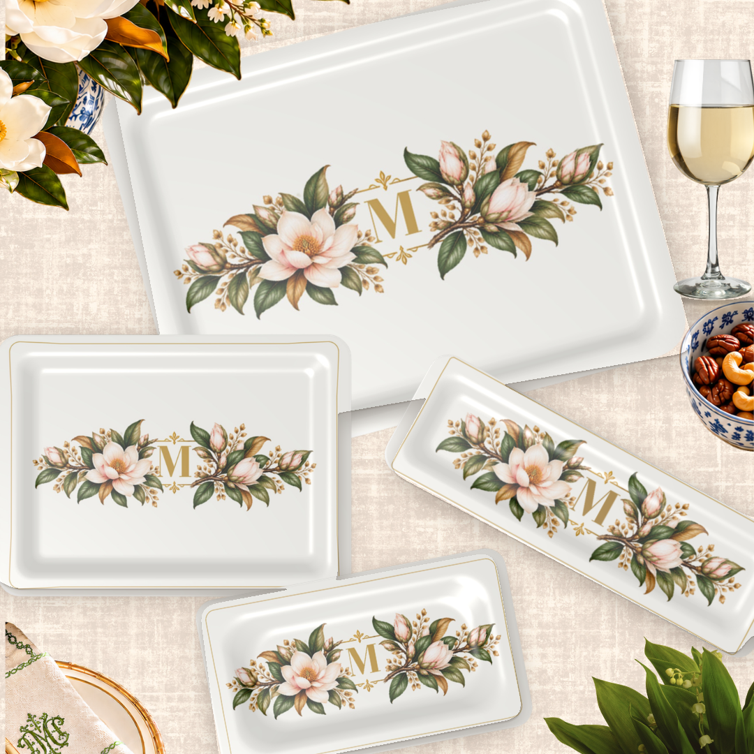 Magnolia Monogram Serving Trays in Ivory, all four sizes styled on a table