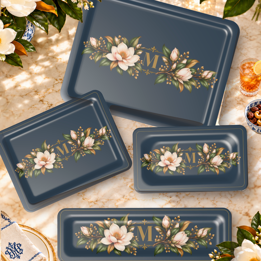 Magnolia Monogram Serving Trays in Navy, all four sizes styled on a table