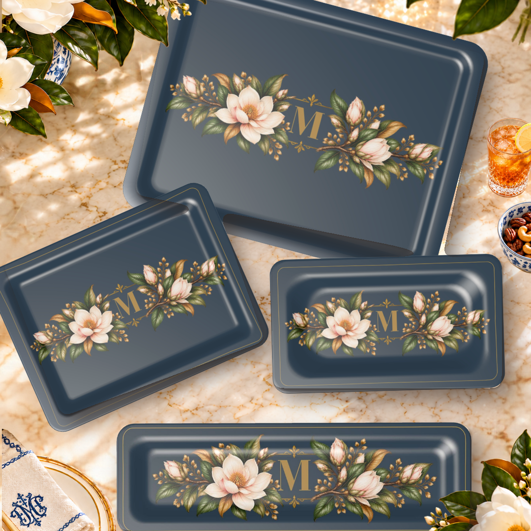 Magnolia Monogram Serving Trays in Navy, all four sizes styled on a table