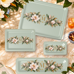 Magnolia Monogram Serving Trays in Sage Green, all four sizes styled on a table