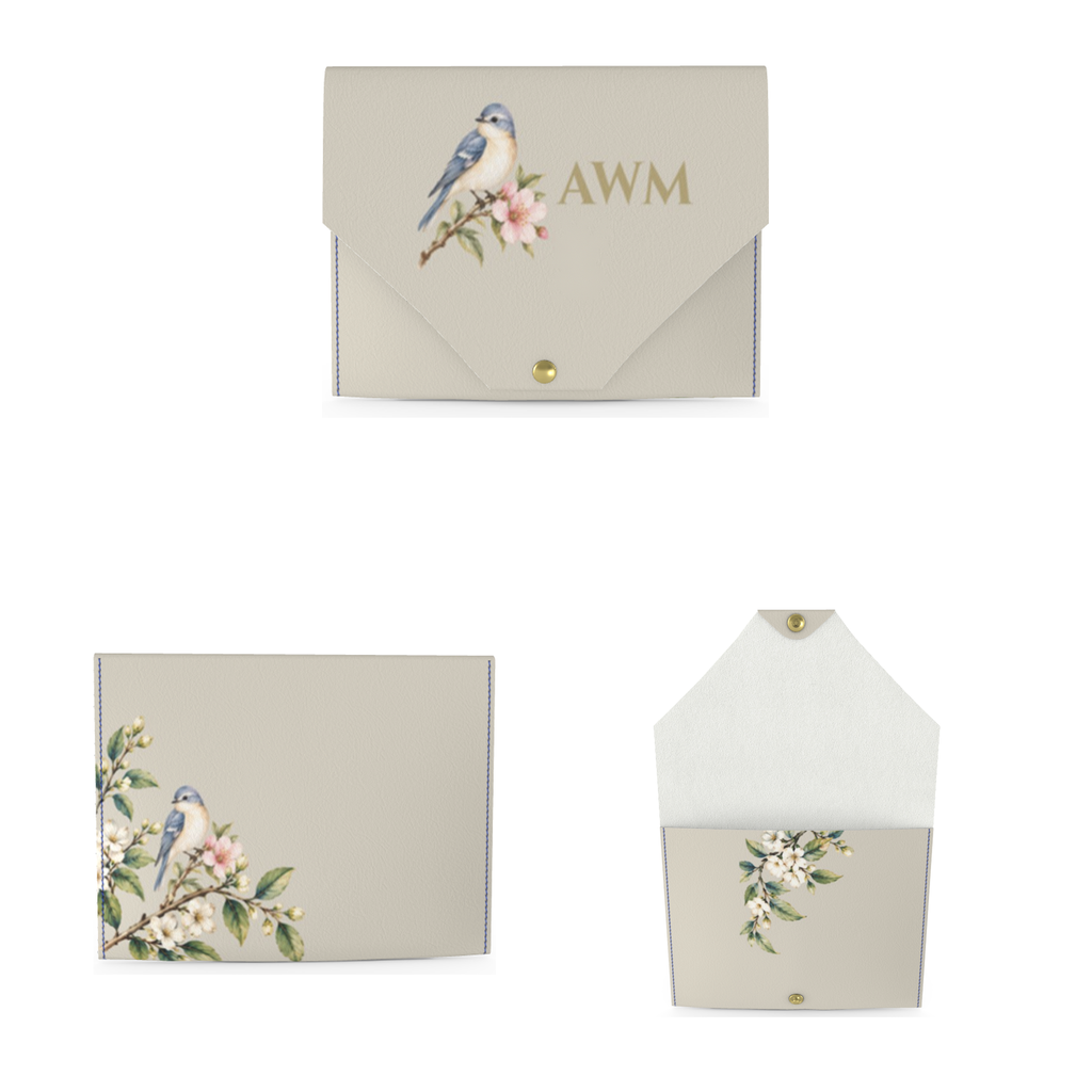 Bluebird Mahjong Card Wallet in taupe: front with monogram, back, and open view
