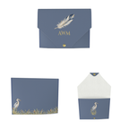 Heron Mahjong Card Wallet in slate blue: front with monogram, back, and open view