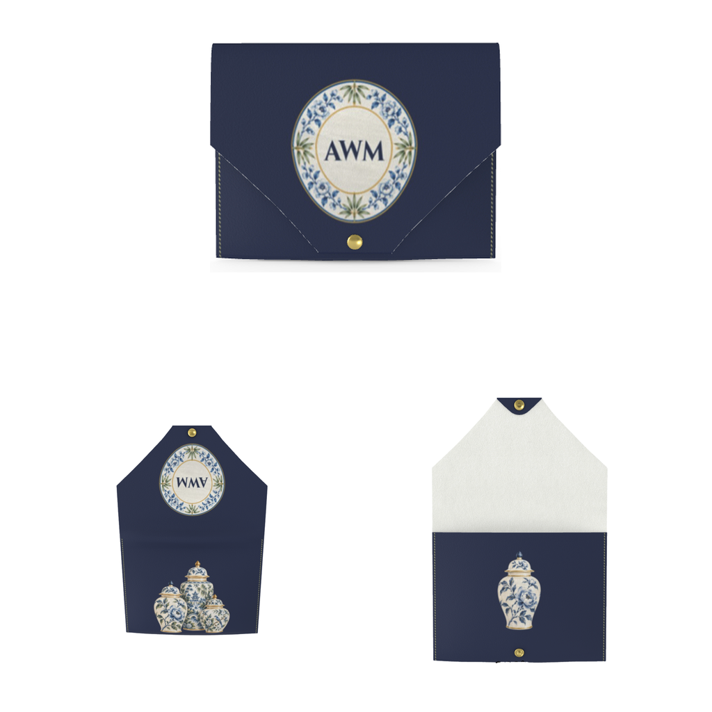 Ginger Jar Mahjong Card Wallet in navy: front with monogram, back, and open view